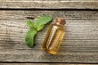 © New Africa - Bottle of mint essential oil and fresh leaves on wooden table, top view