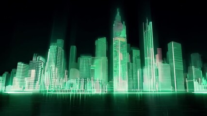 Poster - A digital rendering of a cityscape with tall buildings outlined in green light. The buildings are reflected in a digital pool of water at the bottom of the frame.