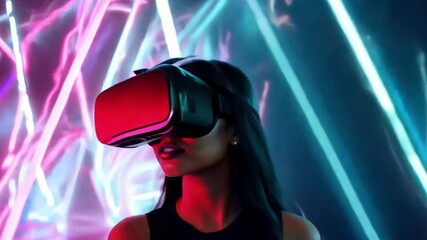 Aufkleber - A woman wearing a VR headset stands in a room with neon lights, experiencing virtual reality.
