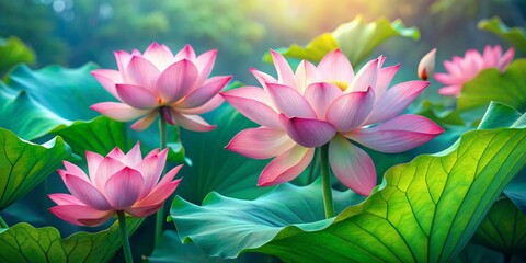 Wall Mural - Lotus Blossom in the Sun's Embrace, Lush Greenery, Water Lily, Floral Beauty, Nature Photography