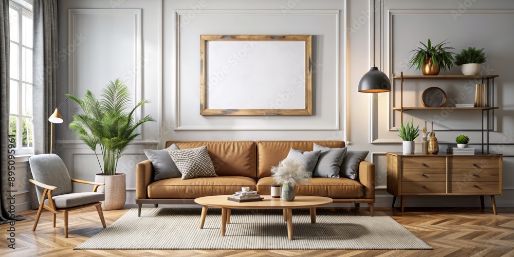 Modern Living Room with Brown Leather Sofa and Wooden Coffee Table, 3D ...