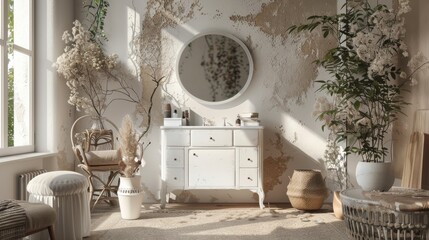 Canvas Print - Bathroom interior with mirror, chair and plant.