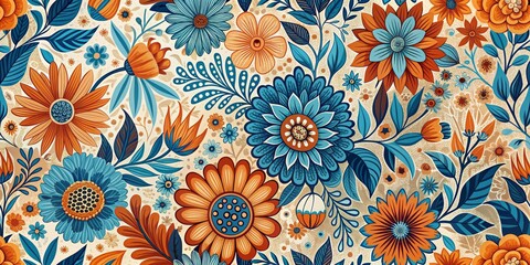 Wall Mural - Retro Floral Pattern A Whimsical Blend of Blue and Orange Hues, Seamless Digital Art, Floral Illustration, Pattern Design, Retro Aesthetic, Floral Background, Digital Illustration