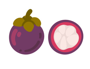 Wall Mural - Two mangosteens, one whole and one halved, revealing the juicy, segmented flesh. The vibrant purple and white colors evoke an exotic, sweet taste. Vector illustration isolated on white background