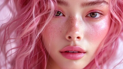 Wall Mural - Close Up Portrait of Young Woman With Pink Hair and Freckles