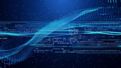 Poster - Abstract blue waves flow across a dark blue background, with binary code represented in white.