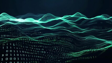 Sticker - Abstract digital waves flow over a field of binary code. The waves are a vibrant green against a dark background, creating a dynamic and futuristic visual.