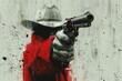 © Dipsky - A rugged cowboy with a stern expression, dressed in a red poncho and black hat, aims a gun directly at the onlooker against a white grunge backdrop in the wild west landscape.