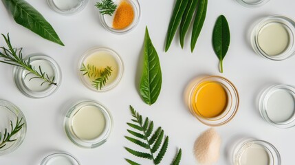 Wall Mural - Top view image of various plants and cosmetics on Petri dishes with white backdrop