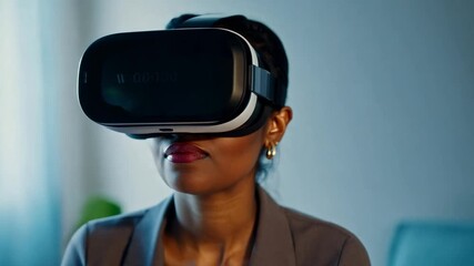 Poster - A woman wearing a VR headset looks to the side while experiencing a virtual reality experience.