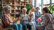 © Dinara - A group of elderly people are sitting in a circle in a nursing home. They are all smiling and laughing, and one of them is playing with a ball.