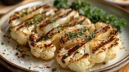 Canvas Print - Grilled cauliflower steaks with seasoning on a plate.