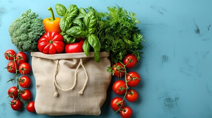 Fresh vegetables arranged on a blue background, promoting healthy eating and sustainable living with reusable packaging