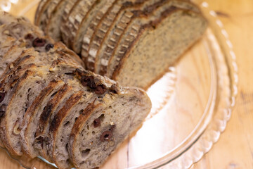 A platter of freshly baked bread with olives