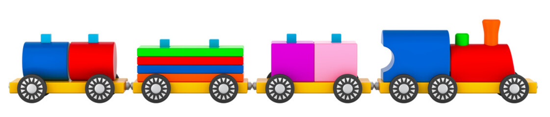 Wooden Toy Stacking Train. Shape Sorter, side view. 3D rendering isolated on transparent background