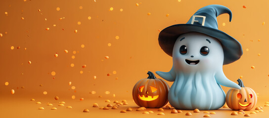 3d render of cute cartoon halloween character, white ghost with witch hat and jack-o'-lantern isolated on orange background. 