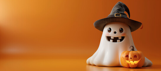 Wall Mural - 3d render of cute cartoon halloween character, white ghost with witch hat and jack-o'-lantern isolated on orange background. 