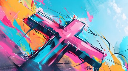 Wall Mural - Emotive Easter cross graffiti artwork, viewed from a distance to capture the entire scene. The dynamic, bold spray paint strokes embody the raw power of street art, graffiti