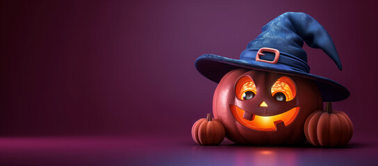 Wall Mural - 3d render of cute cartoon halloween character jack-o'-lantern with witch hat isolated on burgundy background.