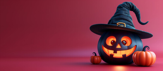 Wall Mural - 3d render of cute cartoon halloween black character jack-o'-lantern with witch hat isolated on burgundy background.