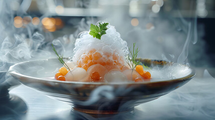 Wall Mural - Plate of Smoked Salmon and Caviar With Foamy Garnish and Green Herbs in a Modern Restaurant Kitchen. Generative AI.