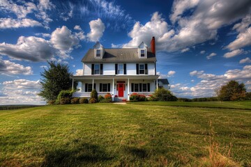 East Coast Home. Suburban Architectural Style Home with Red Door, against Blue Sky and Green Grass in Pennsylvania