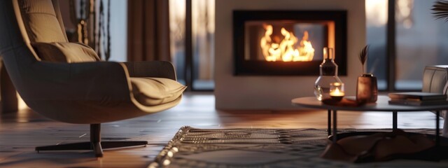 Wall Mural -  A cozy living room featuring a fireplace with burning flames, a plush chair positioned in front of a round table, and a vase adorning its surface