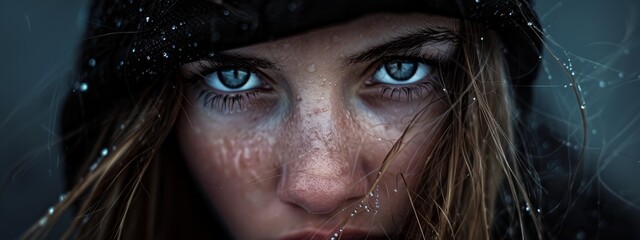 Canvas Print -  A close-up of a woman's face with snow-dotted freckles in her hair and sparkling blue eyes