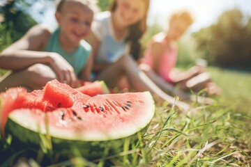 Wall Mural - A slice of watermelon sits on the grass in a park, surrounded by three children enjoying a summer picnic.