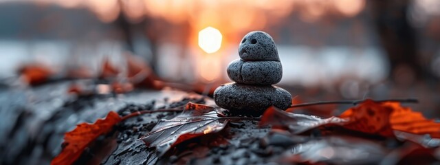 Poster -  A stack of rocks atop a mound of leaves in a forest's heart, sun behind