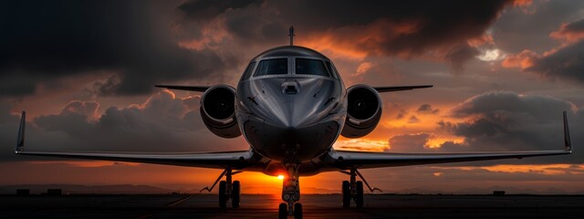 Canvas Print -  A large jetliner rests on an airport tarmac, situated beneath a cloudy sky The sun sets behind