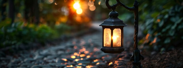 Wall Mural -  A light on a pole along a nighttime park path, sun excluded by tree cover