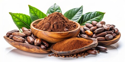 Ground Guarana Powder in Wooden Bowls with Beans and Leaves, Guarana , powder , natural , caffeine