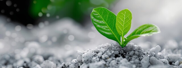  A tiny green plant emerges from a mound of soil, drips of water visible behind