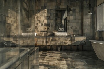 Canvas Print - Interior of modern bathroom with black marble walls, concrete floor, comfortable bathtub and double sink.