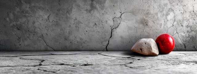  Two rocks placed together on a cemented floor, with a wall behind them