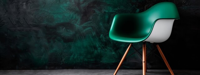 Sticker -  A green and white chair faces a wall with a black and green painting hanging on it