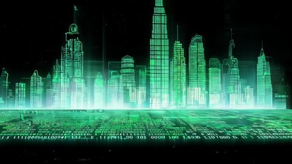 Sticker - A stylized green cityscape with tall buildings outlined in glowing green pixels, set against a black background, with a digital surface in the foreground.