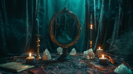 Mystical Ritual Setup with Scrying Mirror, Candles, and Crystals for Divination and Spiritual Practices