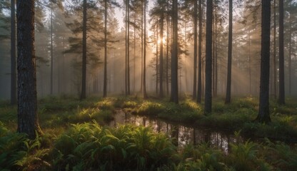 Naklejka na meble Sun filtering through trees in misty autumn forest scene.