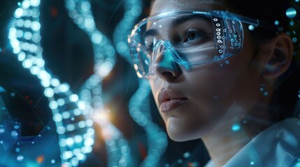 Poster - A Woman In Protective Glasses Gazes Intently At A Digital Representation Of A Double Helix