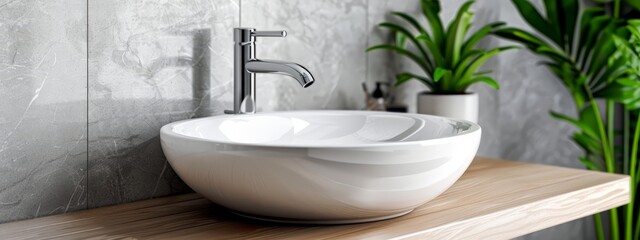 Poster -  A white bowl sink rests atop a wooden counter Nearby, a potted plant and a wall-mounted faucet are situated