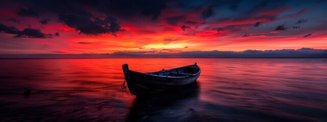  A boat atop tranquil waters, beneath a radiant red-blue sky, dotted with cloud formations