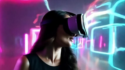 Poster - A woman wears a virtual reality headset, standing in a purple room lit by colorful lights.
