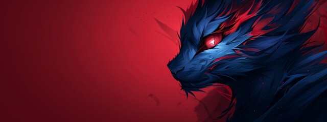 Poster -  A dragon's head in tight focus against a red-blue backdrop Red illumination emanates from its piercing eyes