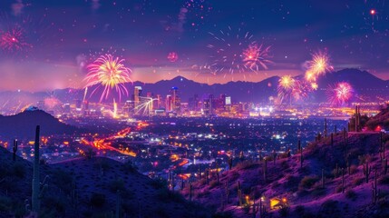 Poster - A cityscape with a firework display and cactus in the foreground captured at night