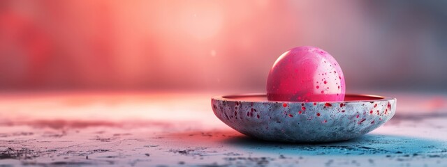 Poster -  A pink egg in a white bowl, resting on a counter top Red object situated in the bowl's center