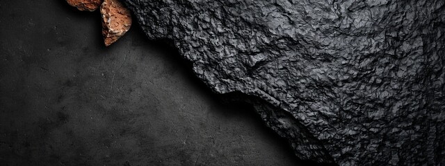 Wall Mural -  A tight shot of a rock featuring a leaf on its left side against a black backdrop On the right, a brown leaf stands out