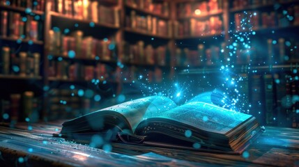 Poster - An open book with mystical blue sparks emanating from its pages set against a blurred backdrop of a library