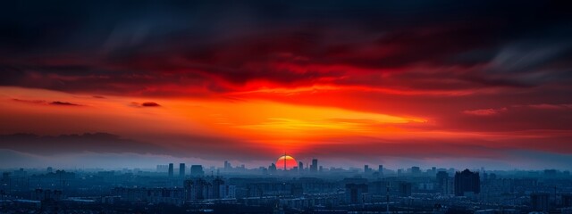 Wall Mural -  City's tall buildings face a red-hued sunset ..Or, if you prefer to keep the original structure:..Over a city